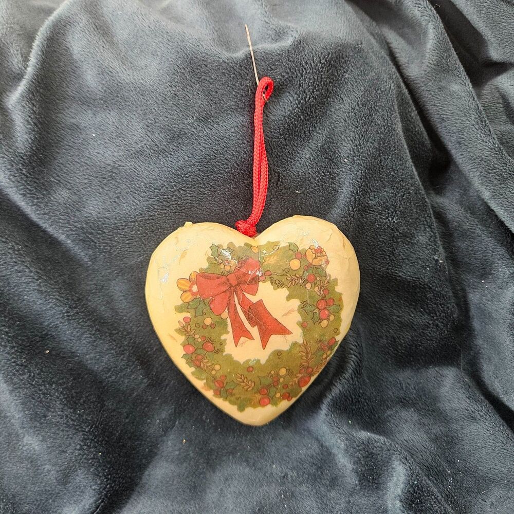 Vintage Victorian style Paper Mache Heart Christmas Ornament Cottage Core